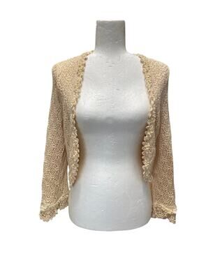 VTG Y2K Crochet Knit Velvet Trim Open Cardigan Tan Metallic Size Medium